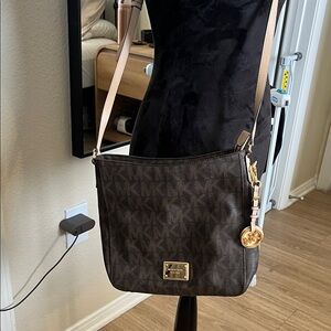 Michael Kors Dark Brown Signature Crossbody with Pale Pink Strap